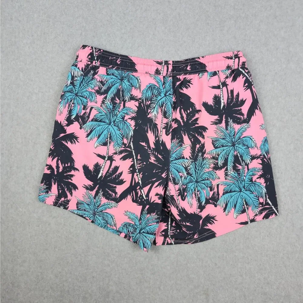 SURFCUZ Mens Medium Pink Swim Trunks Black Blue Palm Tree Pattern Drawstring